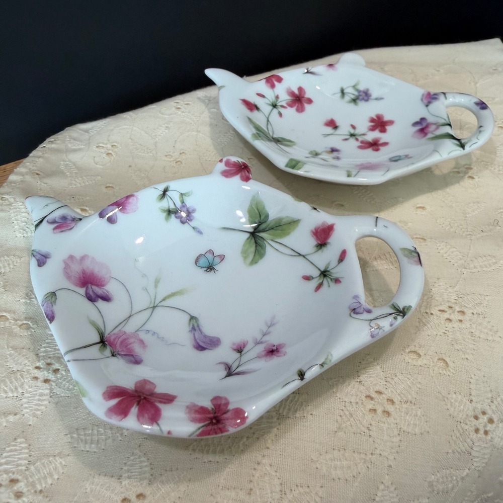 A‎ Special Place Floral Teapot Tea Bag Rest Set of 2 Ceramic Butterfly - Picture 5 of 6